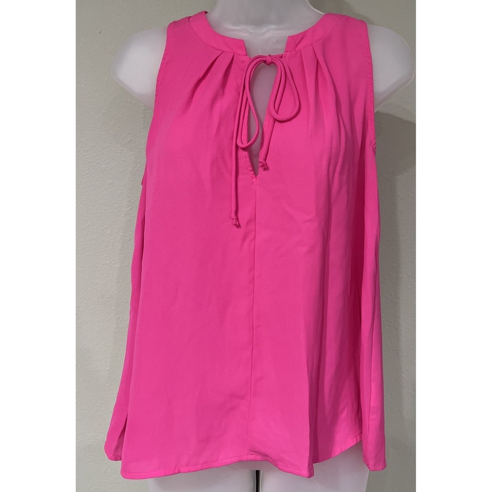 Everly Womens Small Tank Top Sleeveless Blouse Tie Pleated Fuchsia Pink